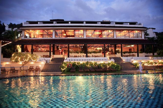 A view of the pool area by night