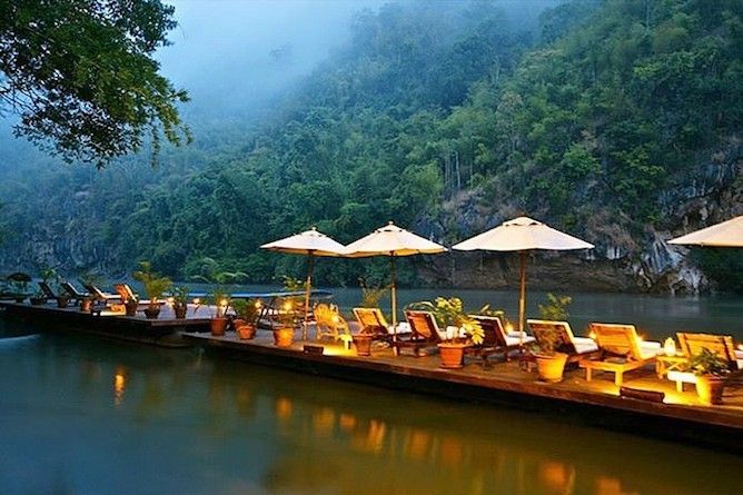 The riverside terrace at dusk