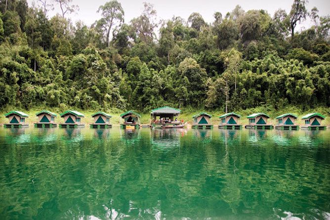 The moored floating platforms that make up the rainforest lodge
