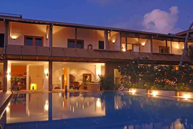 The rear facade of the hotel by night