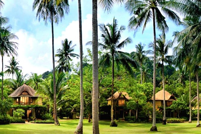 The tropical gardens and circular two-storey pavilions