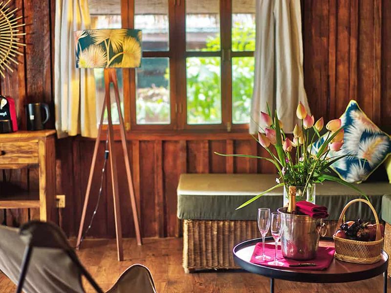 Bedroom décor with fresh flowers at Sok San