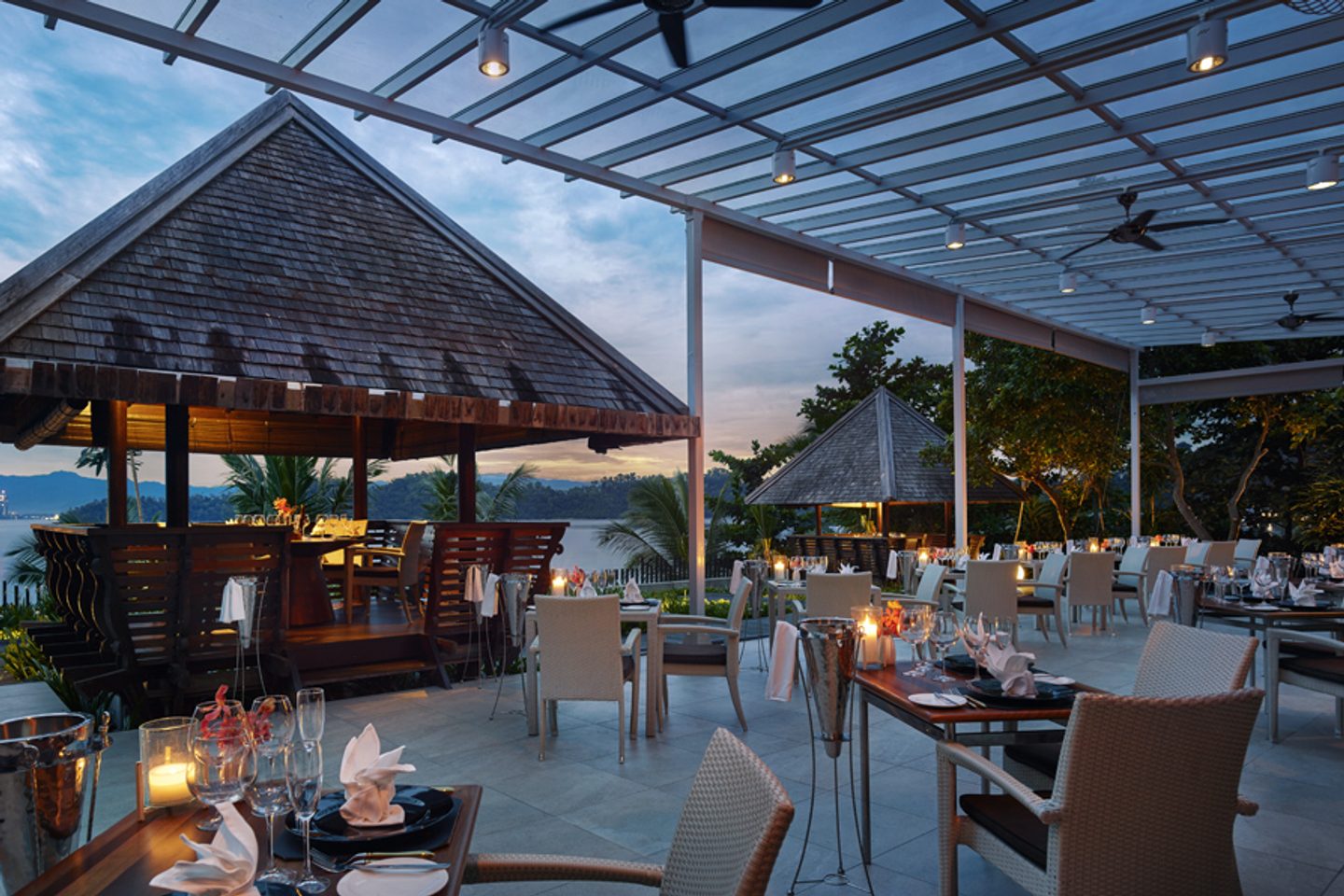 Restaurant at sunset at Gaya Island Resort