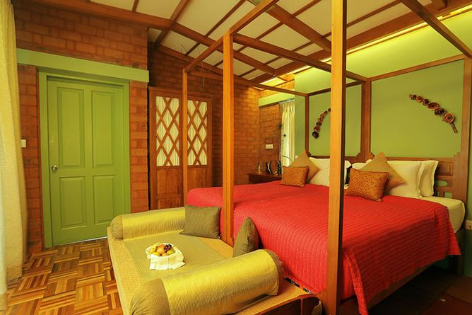 Bedroom with wood & stone decor