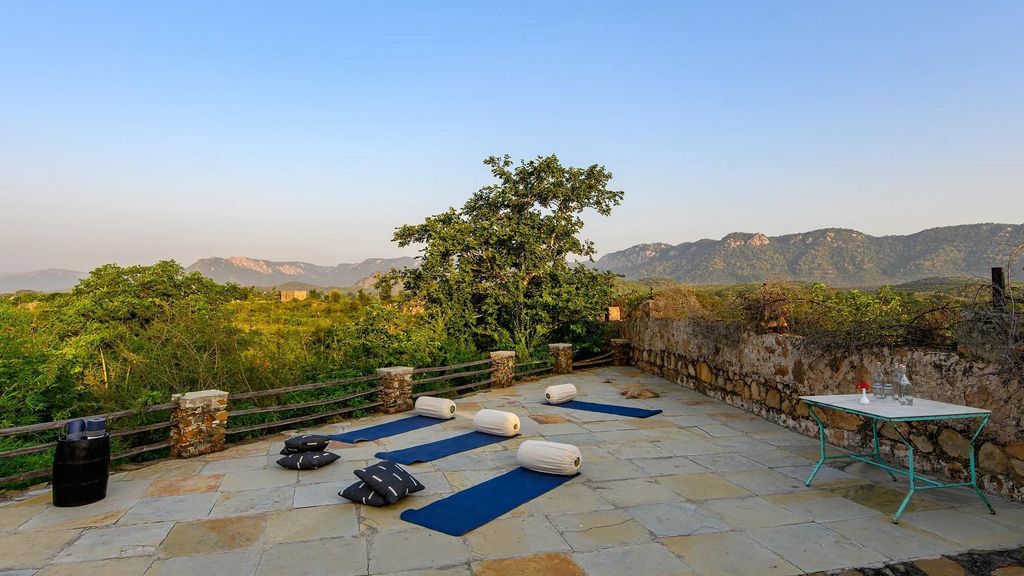 Yoga mats set out on the rooftop terrace