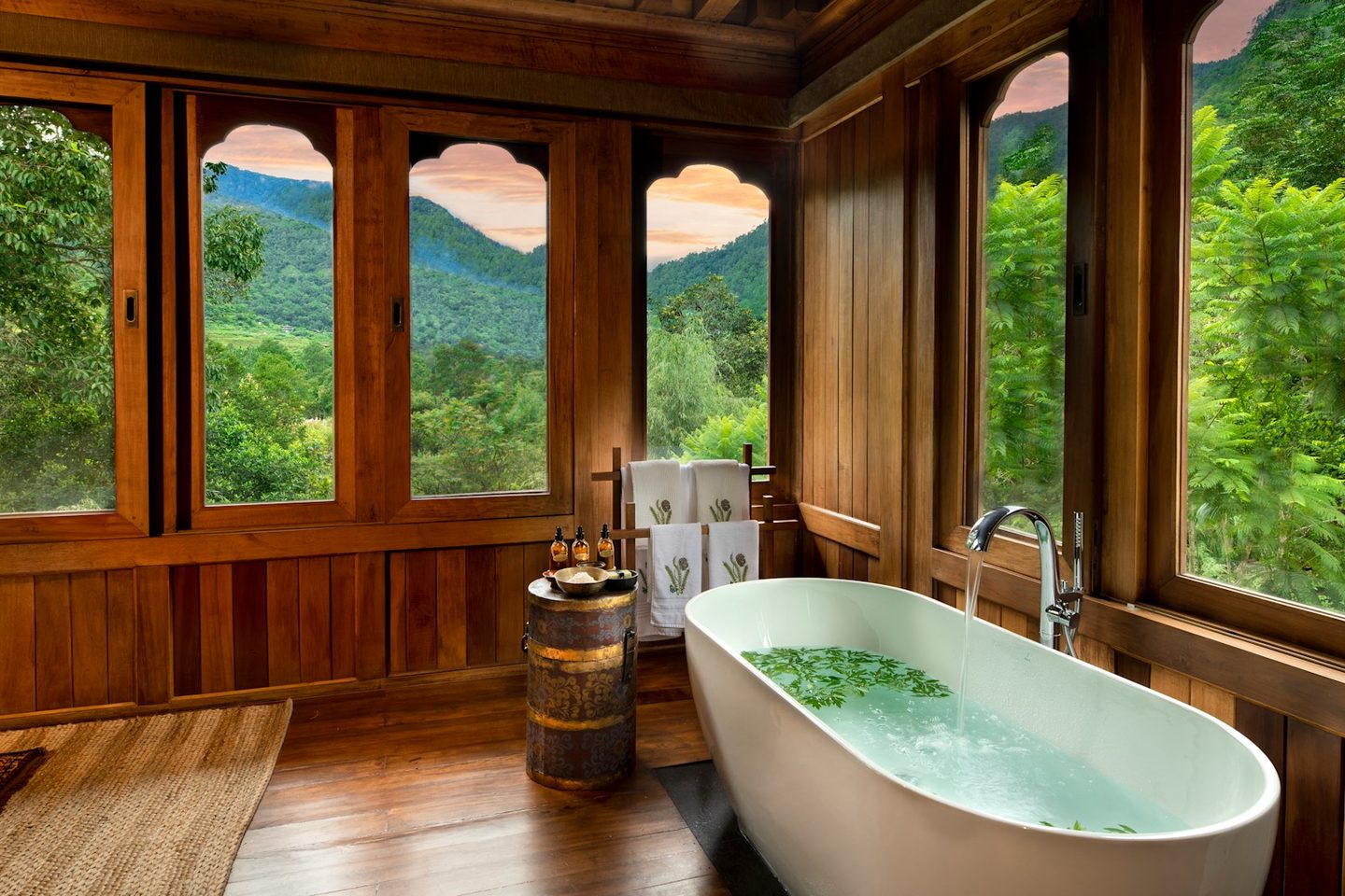 Bathroom with forest views at and Beyond Punakha River Lodge