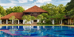 a pool with trees around it