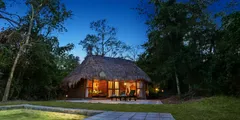 a house with a thatched roof and a pool in the middle of it