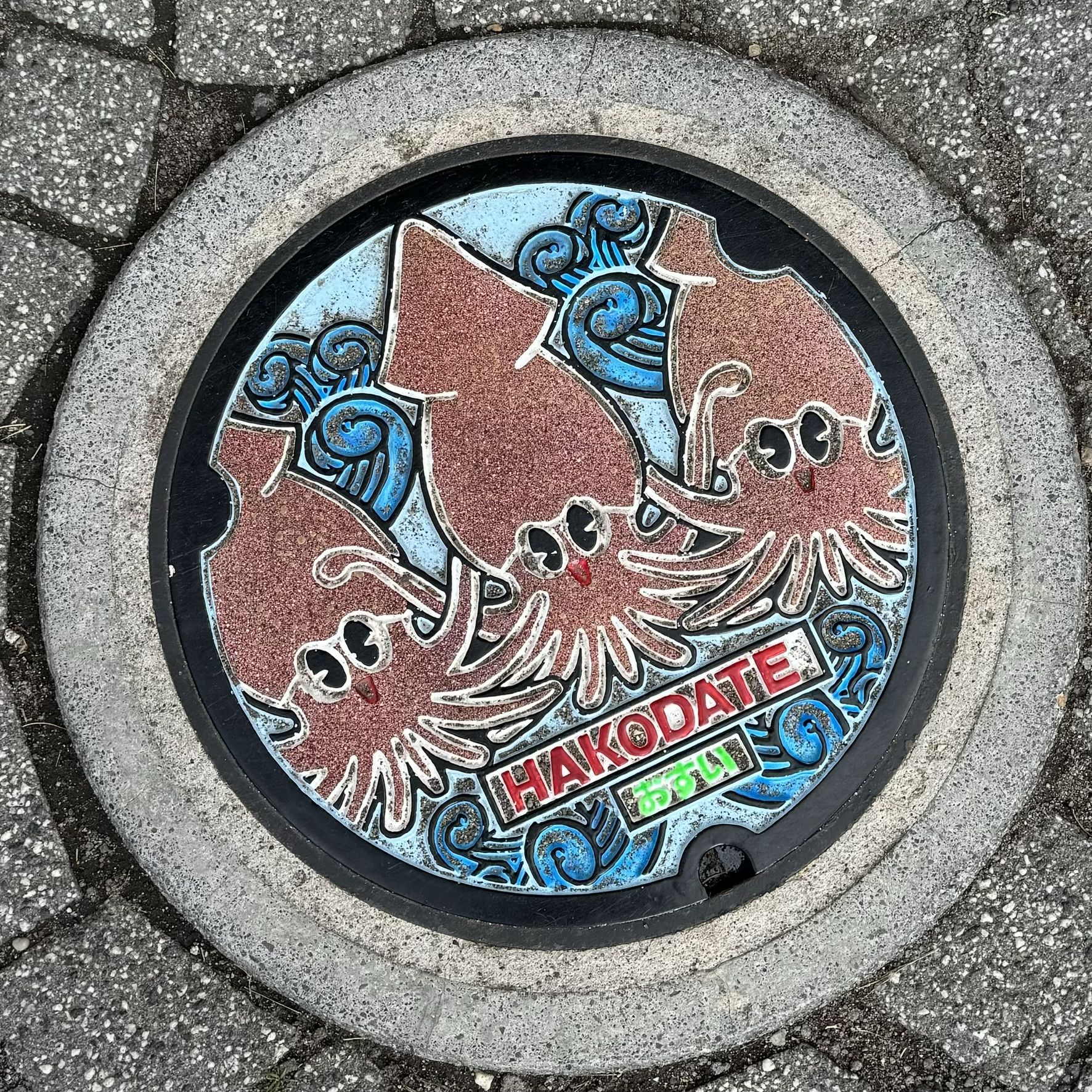 Manhole cover with image of squid