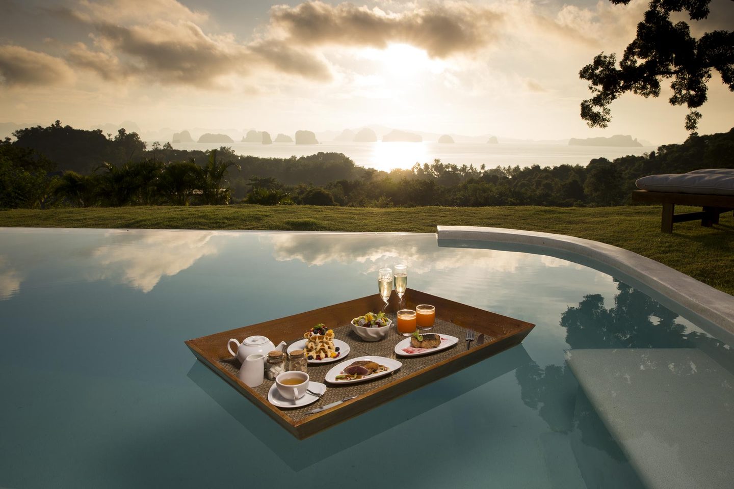 Breakfast tray floating in the pool at 9 Hornbills