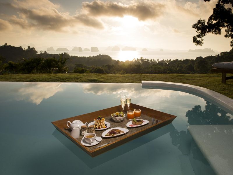 Breakfast tray floating in the pool at 9 Hornbills
