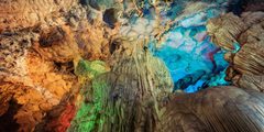 a cave with colorful lights
