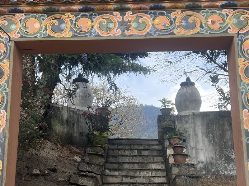 Temple doorway and stairs in Bhutan