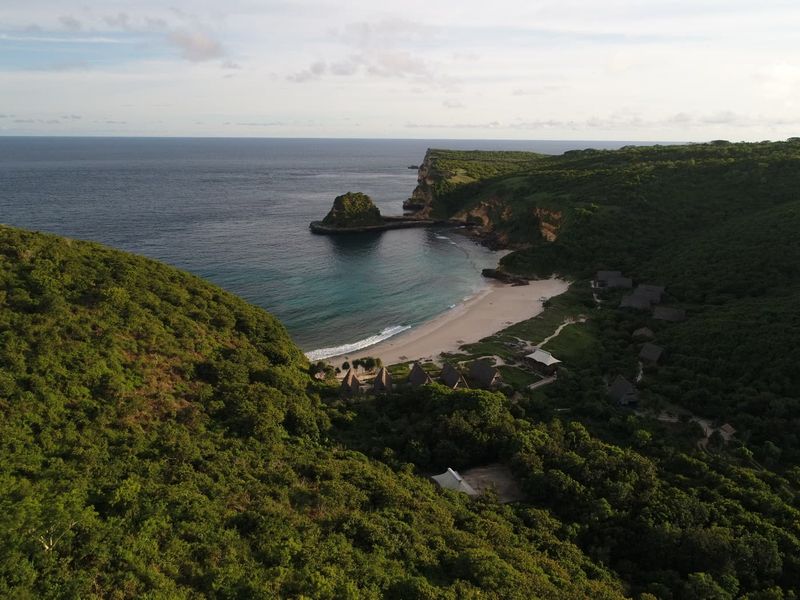 Aerial view of Jeeva Beloam Beach Camp Lombok Indonesia