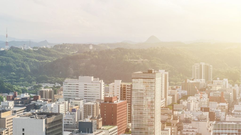 City skyline looking towards the mountains Sendai Japan