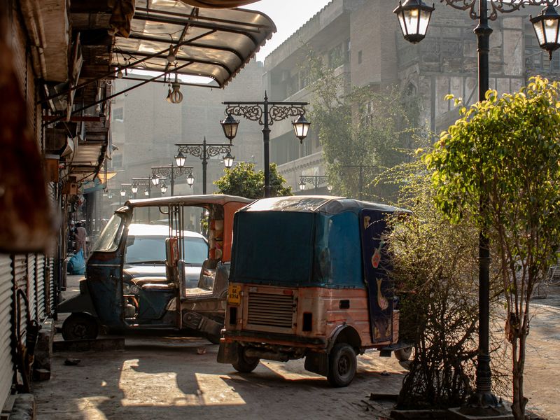 Tuk-tuks parked at the side of the road, Pakistan, Selective Asia
