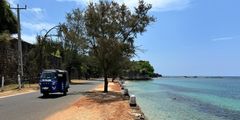 a blue vehicle on the road by the water