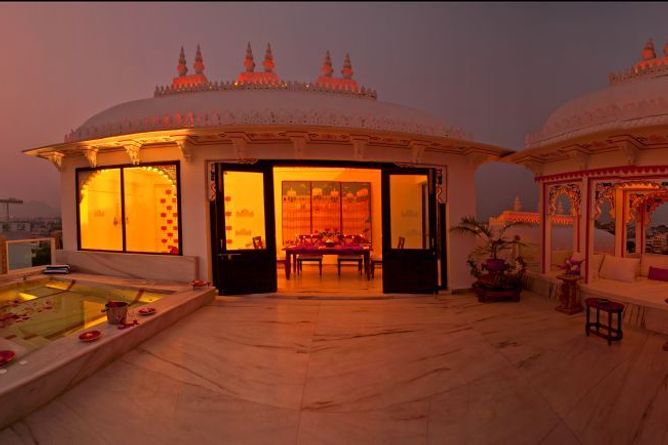 Rooftop terrace at twilight