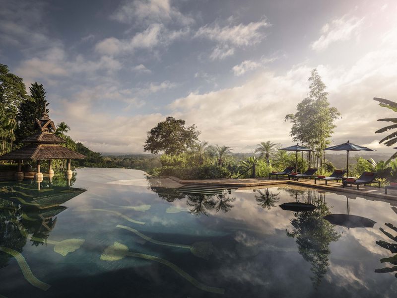 Pool at dawn at Anantara Golden Triangle Elephant Camp