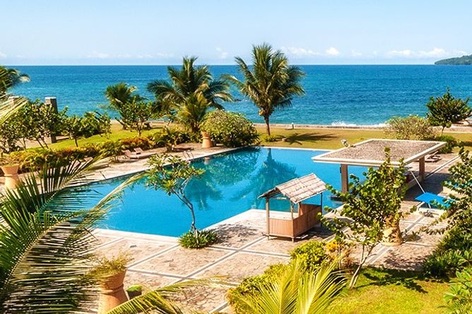 Outdoor pool with lagoon views