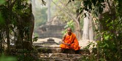 a monk sitting on a stone path in the woods