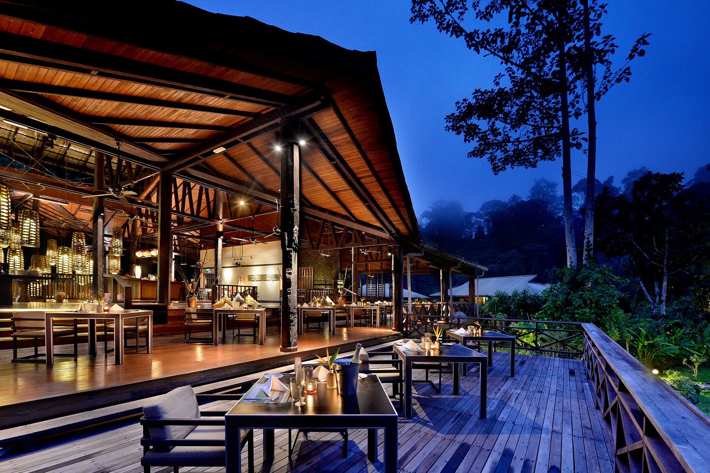Restaurant at night at the Borneo Rainforest Lodge