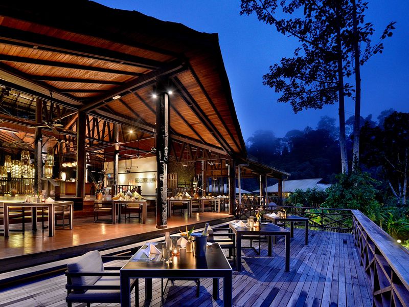 Restaurant at night at the Borneo Rainforest Lodge