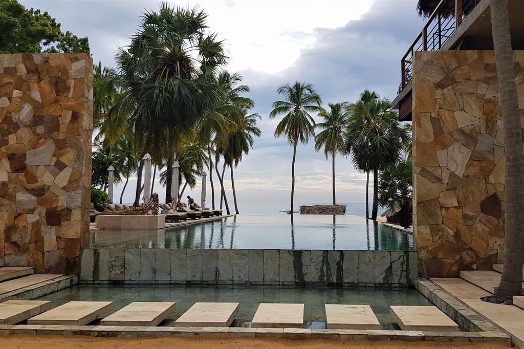 a pool with palm trees and a building
