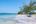 a beach with trees and blue water