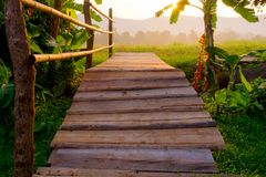 a wooden bridge with a railing in the middle of a field