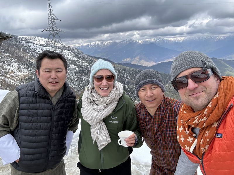 Travellers smiling
